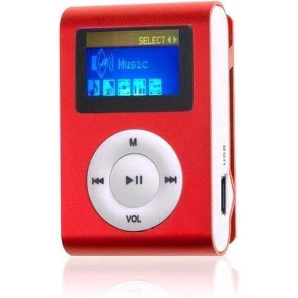 Mini clip MP3 speler FM radio met display Rood en in-ear koptelefoon