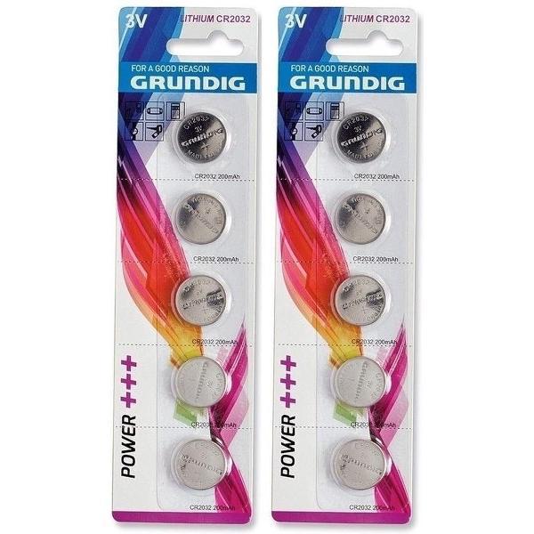 10x Grundig knoopcel batterijen CR2032 3V - Platte knoopcel batterijen