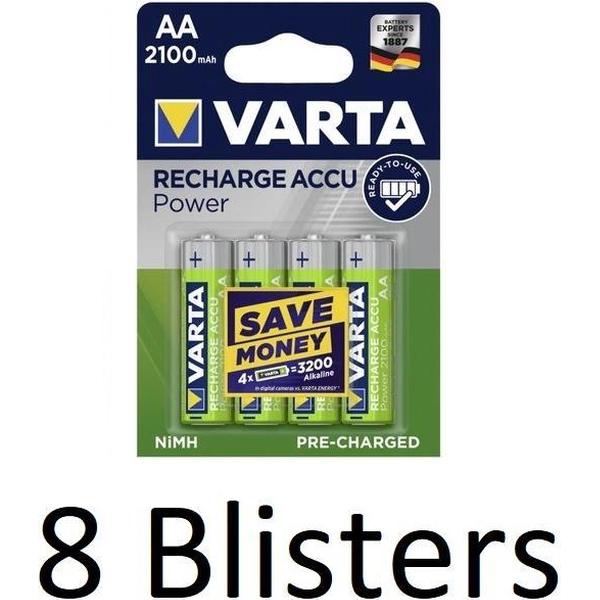 32 Stuks (8 Blisters a 4 st) Varta Oplaadbare Batterij Recharge Accu Power AA 2100mAh