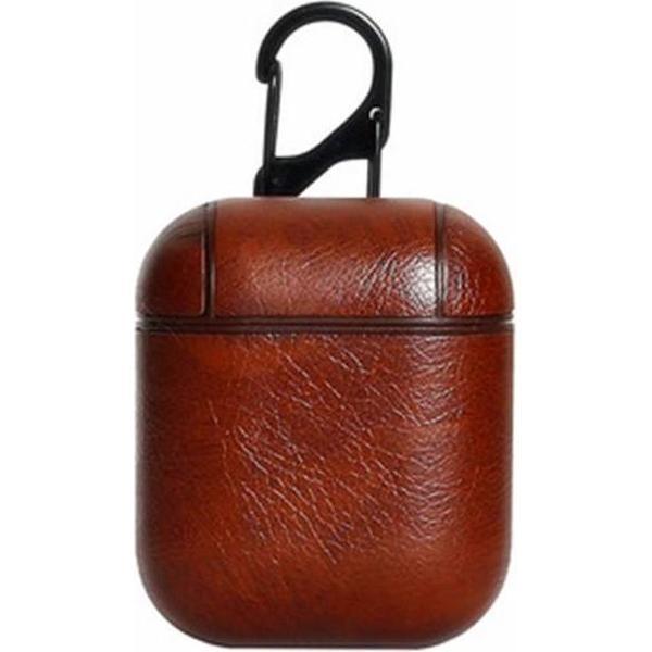 Leren hoesje voor Apple Airpods 1 & 2 - Inclusief Hangclip - Donker Bruin