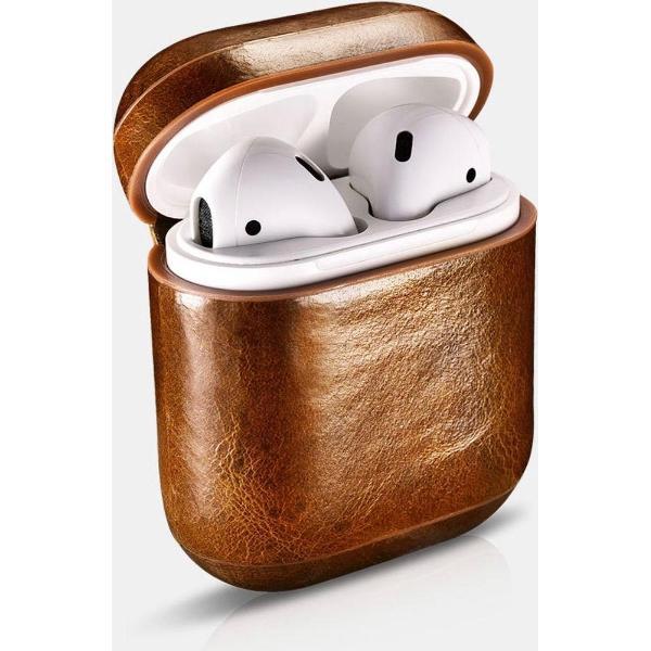Icarer Oil wax Lederen Bescherm Etui voor Apple AirPods Leren beschermhoes Vintage Leather Case Bruin