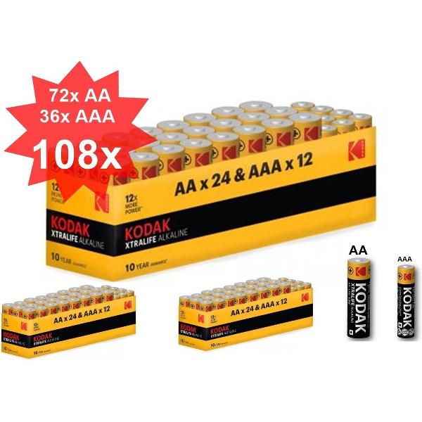 Kodak Xtralife alkaline AA AAA 1.5V Powerbox 108 Stuks (72x AA + 36x AAA)