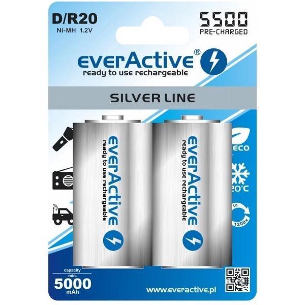 2 Stuks (1 Blister) - R20 D 5500mAh everActive herlaadbaar Silver Line