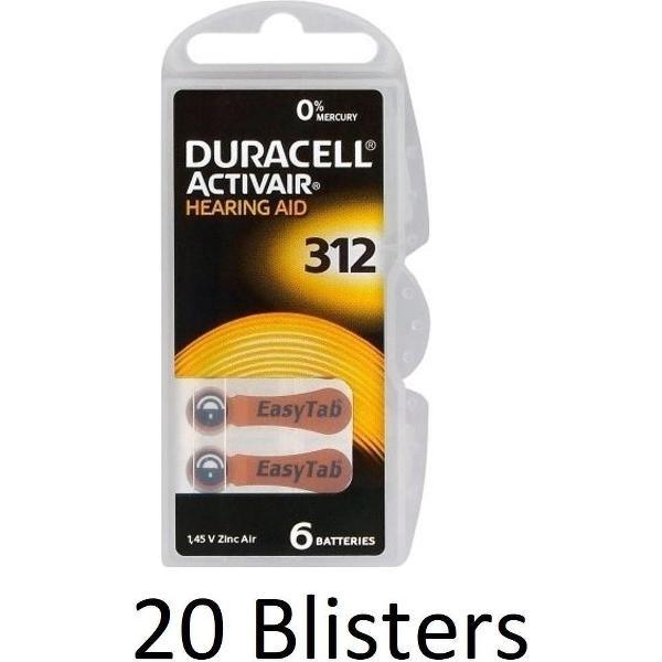 120 stuks (20 blisters a 6 st)Duracell DA312 hoorapparaat batterij