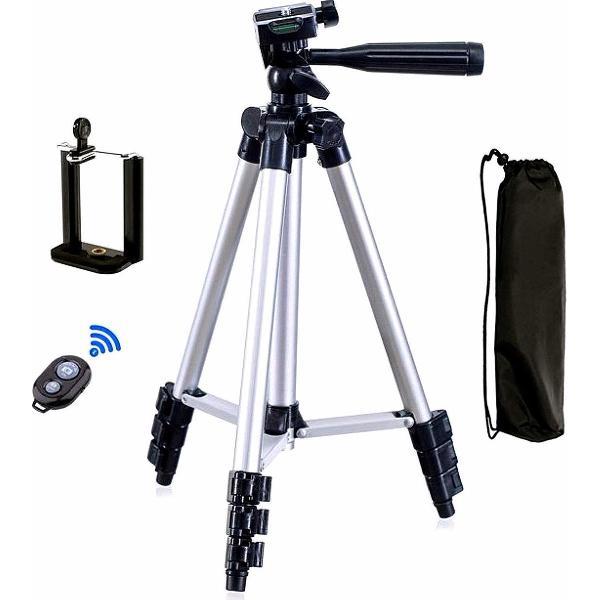 Smartphone Tripod Camera Statief 3110, 102 Cm voor fotocamera en telefoon - iPhone - Canon – Nikon - Spiegelreflexcamera + Bluetooth Remote Shutter Zilver – Eff Pro