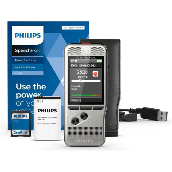 Philips PocketMemo Dicteerapparaat DPM6000, Stereo, druktoetsen, Robuuste behuizing, SpeechExec Dictate 2-jaar licentie