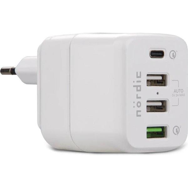 NÖRDIC USBA-N1003, 4-poorts wandlader, USB-C 45W PD, USB A 18W QuickCharger 3.0, 2x USB A 15V, stekker adapter, Wit