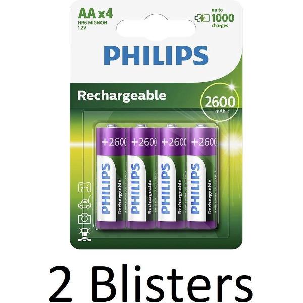 8 Stuks (2 Blisters a 4 st) Philips AA Oplaadbare batterijen - 2500 mAh