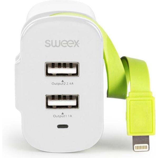 Sweex - Sweex CH-028WH Lader 3-uitgangen 3 A 2x Usb / Apple Lightning Wit/groen - 30 Dagen Niet Goed Geld Terug