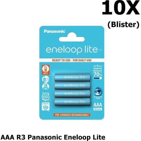 40 Stuks (10 Blisters a 4st) - AAA R3 Panasonic Eneloop Lite 1.2V 550mAh Oplaadbare Batterijen - Speciaal voor dect telefoons, Tot 3000 laadcycli - Blisterverpakking