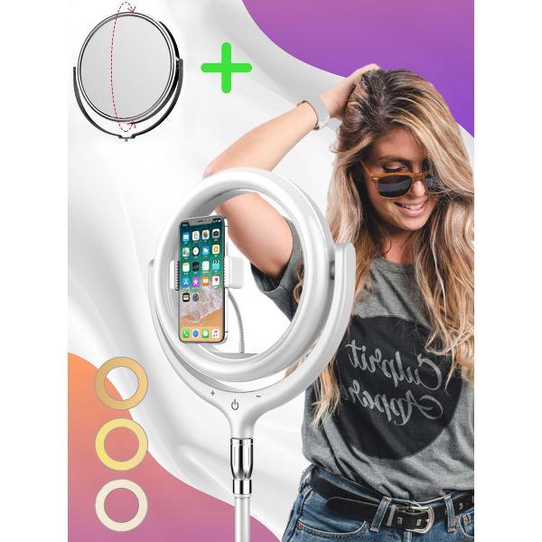 LED Ringlamp met Statief en Make Up Spiegel - 10 inch - 3 Lichtstanden - USB - TikTok - Ringlight - Flitser - Ring lamp - Vlog - Make-up Light - Studiolamp