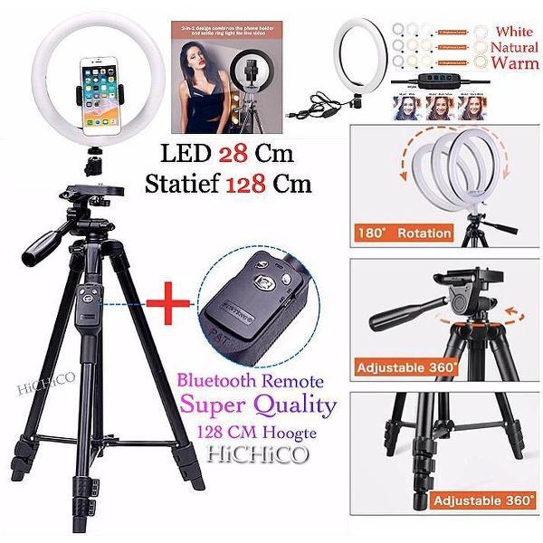 Tripod Camera Statief Zwart Inclusief Selie LED Ring Lamp 28Cm + Bluetooth Remote Shutter – HiCHiCO