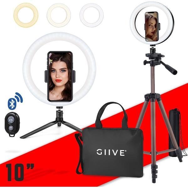 GIIVE – 10 Inch LED Ringlamp set – Uitschuifbaar Statief en Tafelstatief – Met Opbergtas - Make-up Lamp – Fotostudio