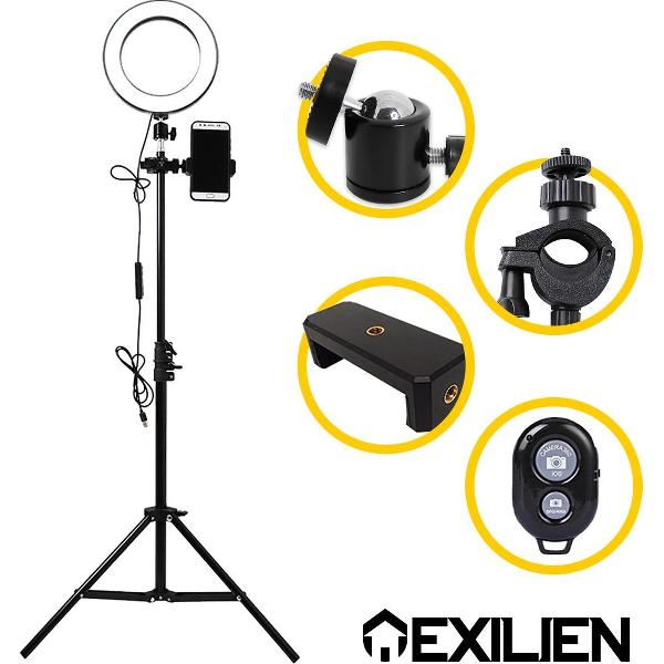 Exilien LED ringlamp met verstelbaar statief – ideaal voor selfies TikTok vloggen – 360 graden verstelbare telefoonhouder – USB – bluetooth – ring light - afstandsbediening