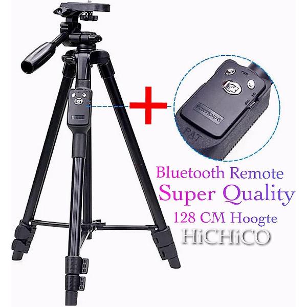 Super Tripod Camera Statief 128 Cm voor Fotocamera en Smartphone - Canon – Nikon - Spiegelreflexcamera + Bluetooth Remote Shutter Zwart – HiCHiCO