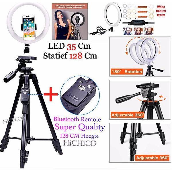 LED Ring Lamp 35 Cm Inclusief Professioneel Universeel Camera Statief + Bluetooth Remote Shutter / lamp -Ringlamp - Statief - Tik tok - flitser – Make up light – Studiolamp – Ring Light – HiCHiCO