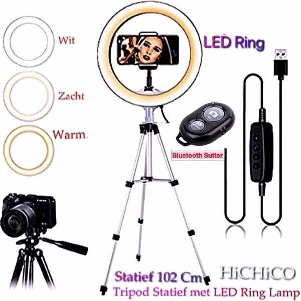Smartphone Tripod Camera Statief 102 Cm Zilver met LED Ring Light 22 Cm Inclusief Bluetooth shutter – HiCHiCO