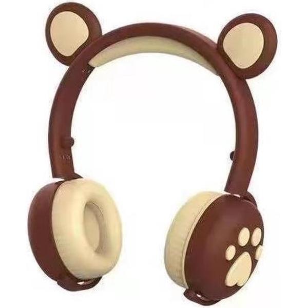 Kinder Hoofdtelefoon-Draadloze Koptelefoon-Kids-Over Ear-Bluetooth-Microfoon-Beren Oorjtes-Led Verlichting-Brown
