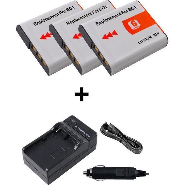Lader voor Sony NP-BG1 plus 3 accu's	 Geschikt voor thuis (wereldwijd) en in de auto