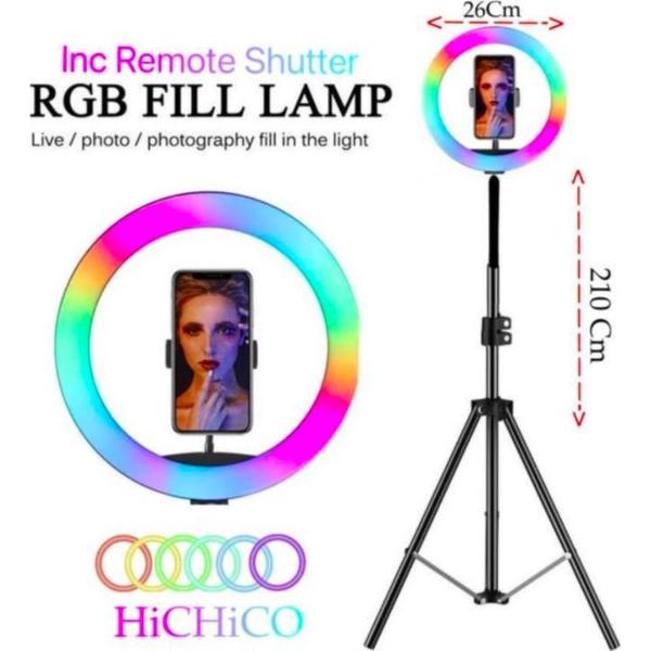 LED Ringlamp (meerdere kleuren) met statief / RGB LED - telefoonhouder - 26cm/10inch ringlamp RGB - 200cm verstelbaar statief - USB - TikTok - YouTube - Vlog - Ringlight - flitser - Ring lamp - Ringlamp telefoon - Make-up light - studiolamp