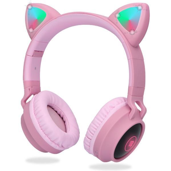 Koptelefoon Kinderen Draadloos met Kattenoortjes en Vrolijke Lichtjes - Bluetooth 5.0 - Hoofdtelefoon Kinderen - Kinder Koptelefoon met Microfoon - Roze