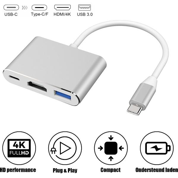 MyStand® USB-C naar HDMI|USB-C Hub 3 in 1 Adapter - Zilver