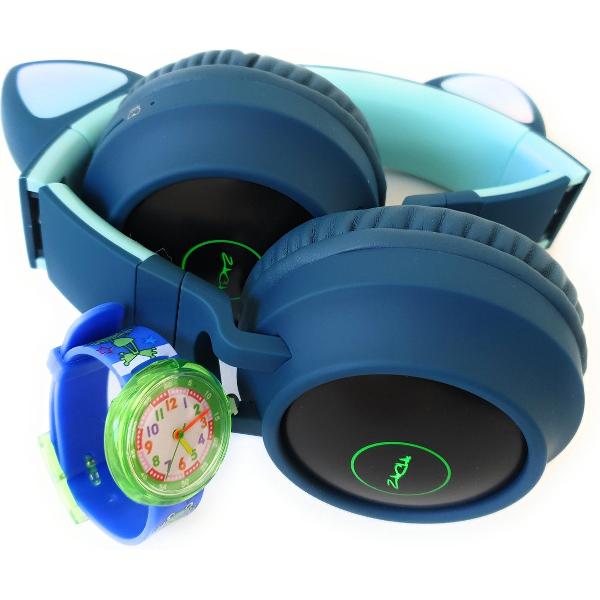 ZaCia Bluetooth Draadloze On-Ear Koptelefoon voor Kinderen Groen Incl. educatief kinderhorloge - Kattenoortjes - Kinder Hoofdtelefoon - Microfoon - HiFi Stereo Audio - Handsfree - Gehoorbescherming - Schakelbare LED-verlichting - Noise Cancelling