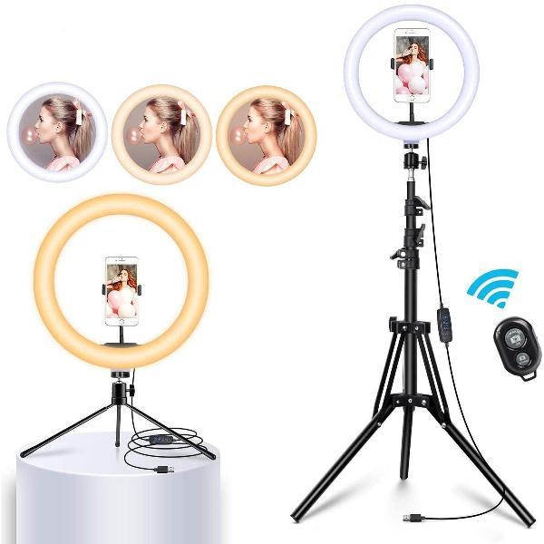 D Comm Led Ringlamp met Statief Incl, Telefoonhouder - Selfie Ring Light - 2 Statieven en 3 Lichtwarmtes