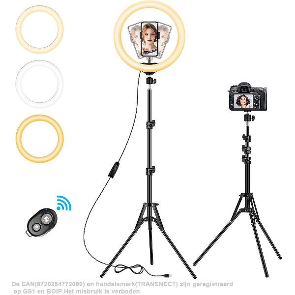 Ringlamp met Statief - 13 inch / 33cm - 3 kleurmodi en 10 helderheid - USB Powered - uitschuifbaar statief tot 176cm - voor make-up, streaming en selfiefotografie