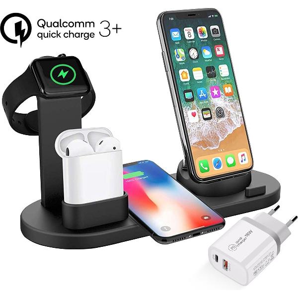 4 in 1 Draadloze Apple Oplader + Fast Charge Adapter - Oplaadstation iPhone - Qi Draadloze Oplader - Apple Watch - AirPods & iPhone oplader