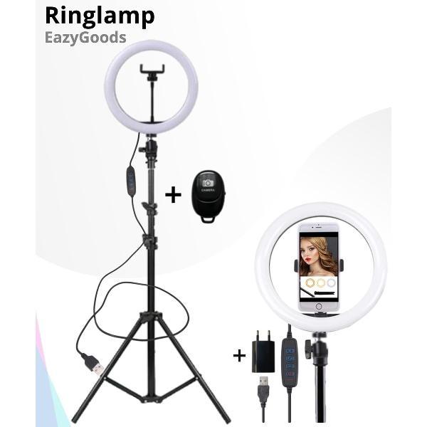 Ringlamp inclusief afstandsbediening - LED Ringflitser met Statief - Make up lamp - Telefoonhouder TikTok - Livestream - 190 cm hoog