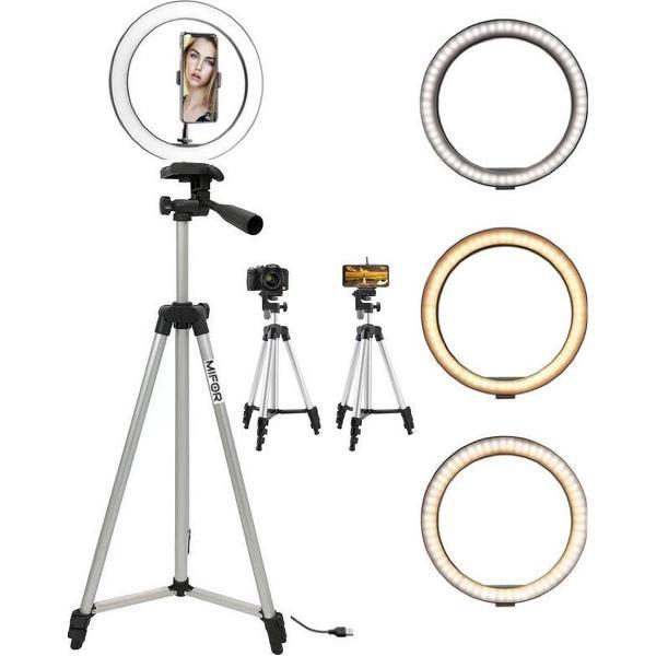 MIFOR® LED Ringlamp met Zilveren statief (verstelbaar vanaf 35 cm - 102 cm) incl. telefoonhouder - Filmen - TikTok - Make-Up lamp - Zilveren statief