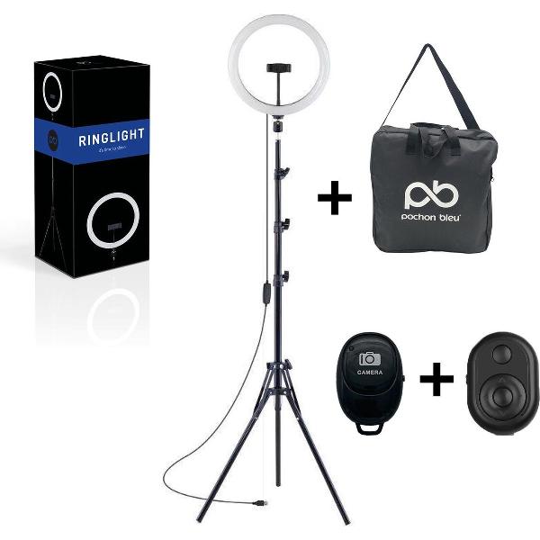 Pochon Bleu Ringlamp met Statief - 12 Inch Ringlamp met Tas- Statief van 200 cm - Met 2 Afstandsbedieningen - Ringlight - Ringlight met Statief - Ringlight Telefoon - Ringlamp met Statief Smartphone