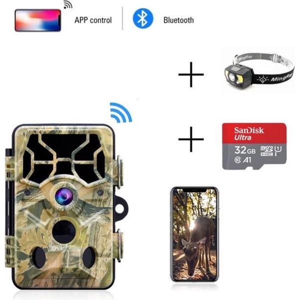 BalkaVision® Wildcamera met nachtzicht-gratis hoofdlamp en 16 GB SD kaart-Wildcamera met nachtzicht en wifi-Met Bluetooth en app voor smartphone -24 megapixel 1080P Full HD-120°kijk hoek-Nederlandstalige software-IP66 waterproof-wildcamera met sensor