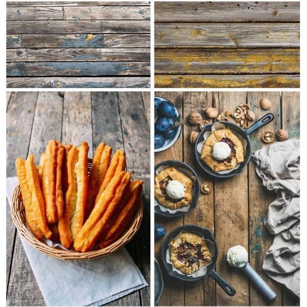 PVC achtergrond voor fotografie - Hout - Bruin hout met blauwe en gele verf - Dubbelzijdig - Food en product fotografie - Waterproof - 58 x 86 cm