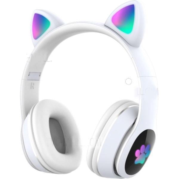 Catear led - Draadloze Bluetooth Kinderkoptelefoon - Over-Ear Koptelefoon voor Kinderen - Met Led Kat Oortjes - Wit