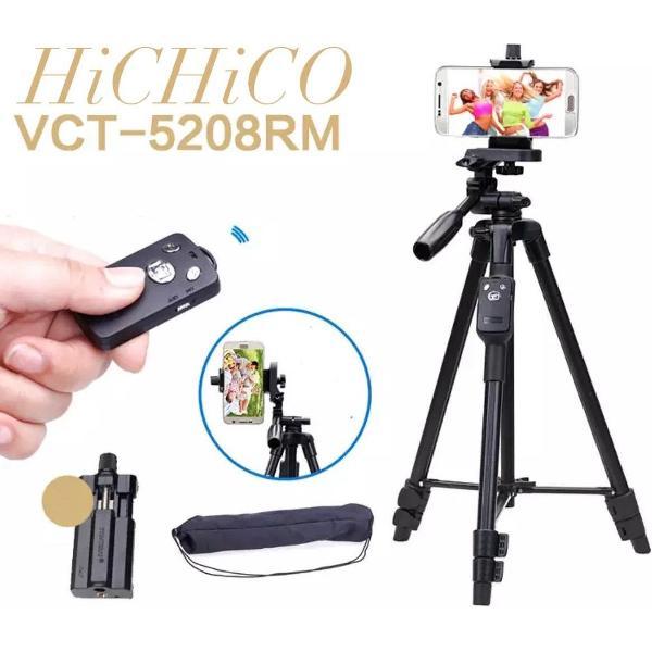 Professioneel Universeel Camerastatief / Tripod / Smartphone Statief Voor Fotocamera en Smartphone - iPhone - Canon – Nikon - Spiegelreflexcamera Inclusief Bluetooth Remote Shutter en Telefoonhouder Model HiCHiCO VCT- 5208, 130Cm