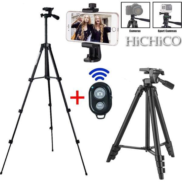 Camera Statief, Smartphone Statief, Tripod Inclusief Bluetooth Remote Shutter en Waterpas, HiCHiCO Model 3120 Zwart