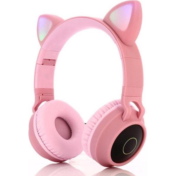 Koptelefoon Kinderen - Kinder Koptelefoon - Koptelefoon met Bluetooth - Zachte Oorkussens Koptelefoon voor Kinderen - Met Led Kattenoortjes - Roze
