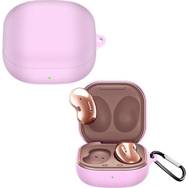 Luxe Siliconen Hoesje Voor Samsung Galaxy Buds Live / Pro Draadloze Oordopjes - Soft Case Cover Protector - Travel Beschermhoes - Reis Opberghoes Shell Beschermer Hoes - Met Musketon Haakje -Roze