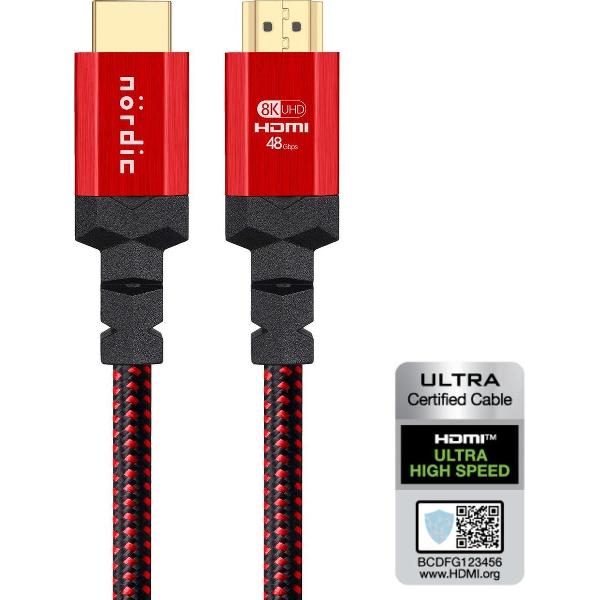 NÖRDIC HDMI-N1017 HDMI Ultra High Speed kabel - Gecertificeerd - 8K 60Hz - 48Gbps - Dynamische HDR eARC ondersteuning - HDMI 2.1 - 1.5m - Rood/Zwart