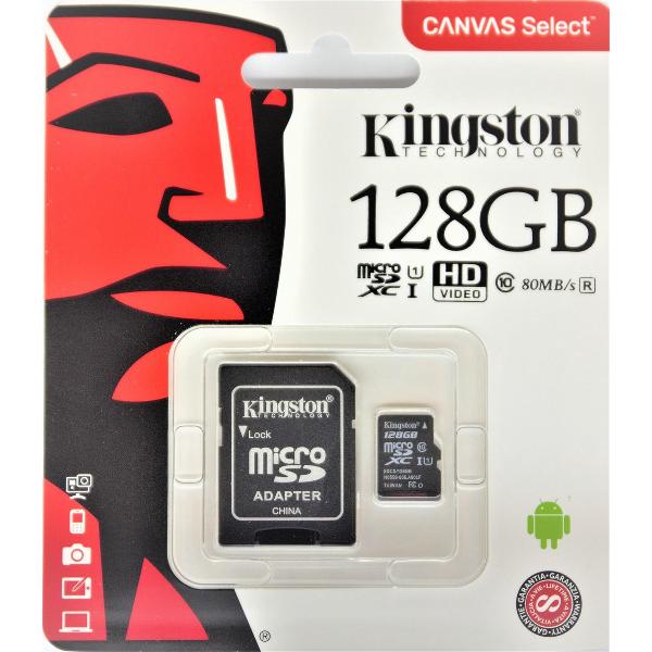 Kingston Micro SD kaart Canvas 128 GB + SD Adapter (HD video- 80MB/S/R)