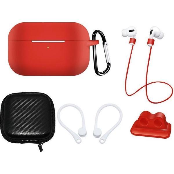 6-in-1 Accessory Bescherming Set Voor Apple Airpods Pro Draadloze Oordopjes Oplaadcase - Earpods Siliconen Bescherm Hoesje Soft Case Cover Earhookds Anti Lost Strap - Met Hardcase Travel Carry Beschermhoes - Rood