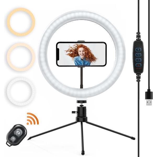 Rostem® LED Ringlamp met Statief en Bluetooth Afstandsbediening - Selfie Lamp - 10 Inch - 3 Lichtkleuren - Voor Tiktok & Vloggers