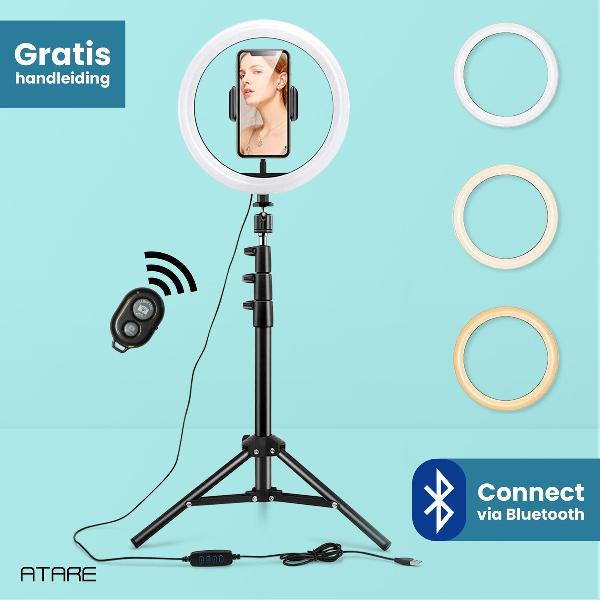 Atare® Ringlamp met Statief én Telefoonhouder (LED lamp Smartphone) - Inclusief Bluetooth Afstandsbediening – Instagram - Tiktok - 160 cm