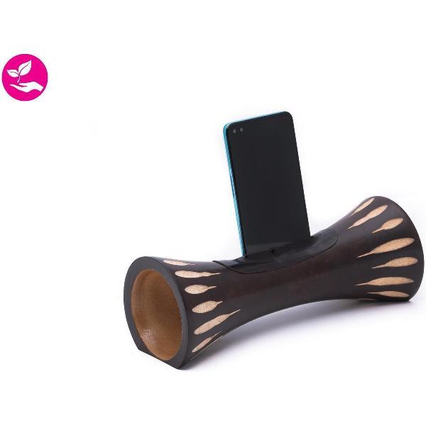 Mangobeat Wenge Soleil - Speaker - Telefoonhouder - Telefoonstandaard - Telefoonhouder bureau - Docking station - 25 cm - Cadeau - Duurzaam - Statief - Natuurlijke geluidsversterker - Zonder stroom of batterij - Handsfree bellen en muziek luisteren