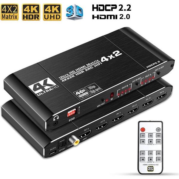 SBVR J2 | HDMI 4 x 2 Matrix - Switcher & Splitter incl. Afstandsbediening | 4 in 2 uit | 3D | 4K@60 Hz (4:4:4) | HDCP 2.2 | Ondersteunt ARC / MHL