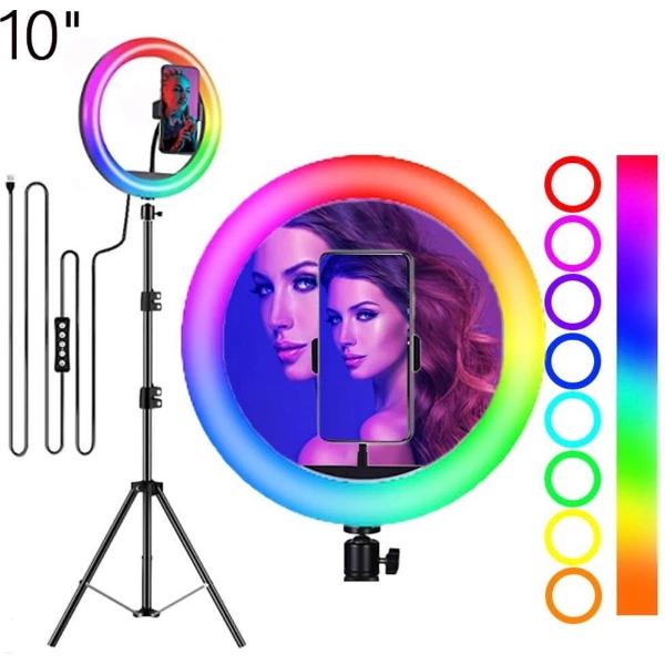 Selfie LED Ring Lamp 26Cm met Kleuren / RGB LED + Tripod - Statief Camera 210 CM hoog Inclusief Bluetooth afstandsbediening en Telefoonhouder Selfie - lamp -Ringlamp - Statief - Tik tok - flitser – Make up light – Studiolamp – Ring Light van HiCHiCO
