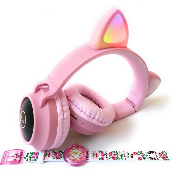 ZaCia Bluetooth Draadloze On-Ear Koptelefoon voor Kinderen Roze Incl. educatief kinderhorloge - Kattenoortjes - Kinder Hoofdtelefoon - Microfoon - HiFi Stereo Audio - Handsfree - Gehoorbescherming - Schakelbare LED-verlichting - Noise Cancelling