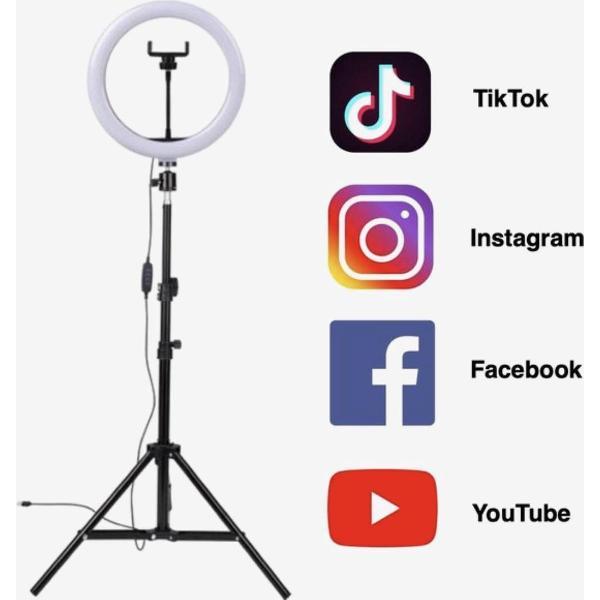 LED Ring Light 26cm met Verstelbaar Statief (56 tot 160cm) - Inclusief Telefoonhouder en Bluetooth Afstandsbediening - Selfie Ringlight voor TikTok / Instagram / Youtube / Streaming - Make-Up Lamp Rond Licht - Studio Ringlamp - Studiolamp